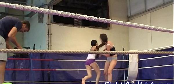  Lesbian teens wrestling in the boxing ring